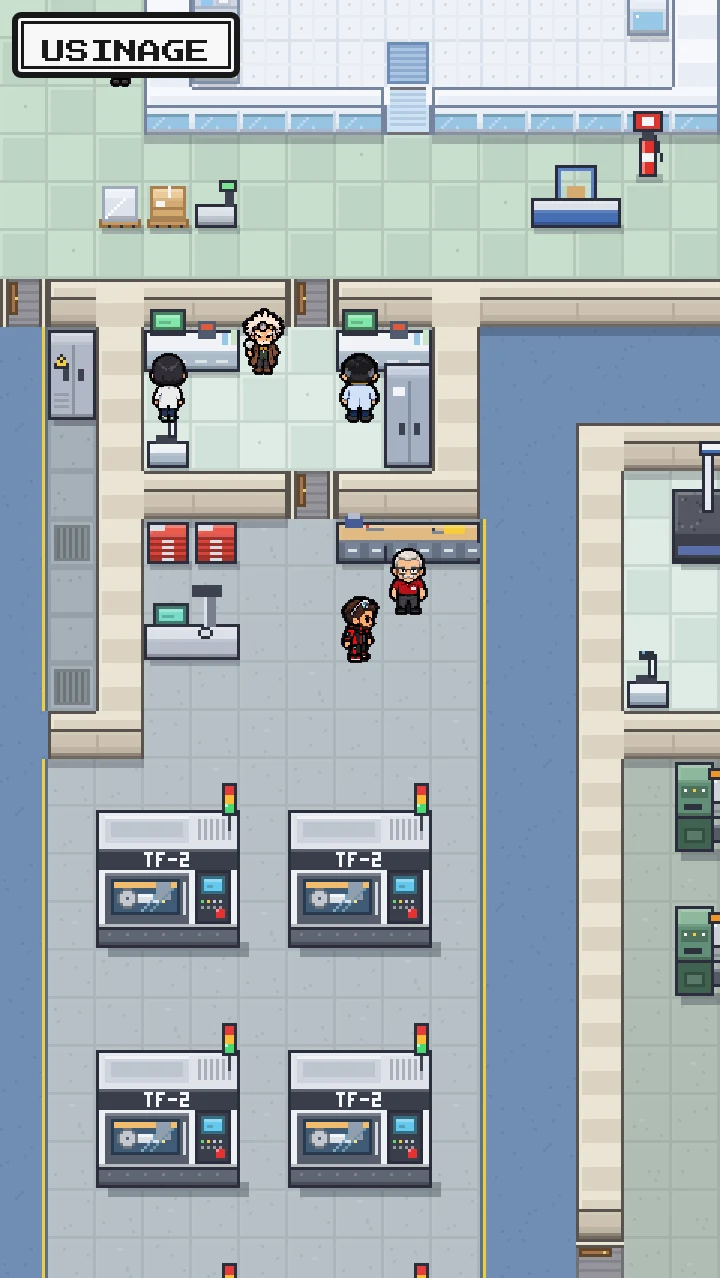 Capture du jeu : l'atelier d'usinage vu de dessus, ses machines et ses opérateurs